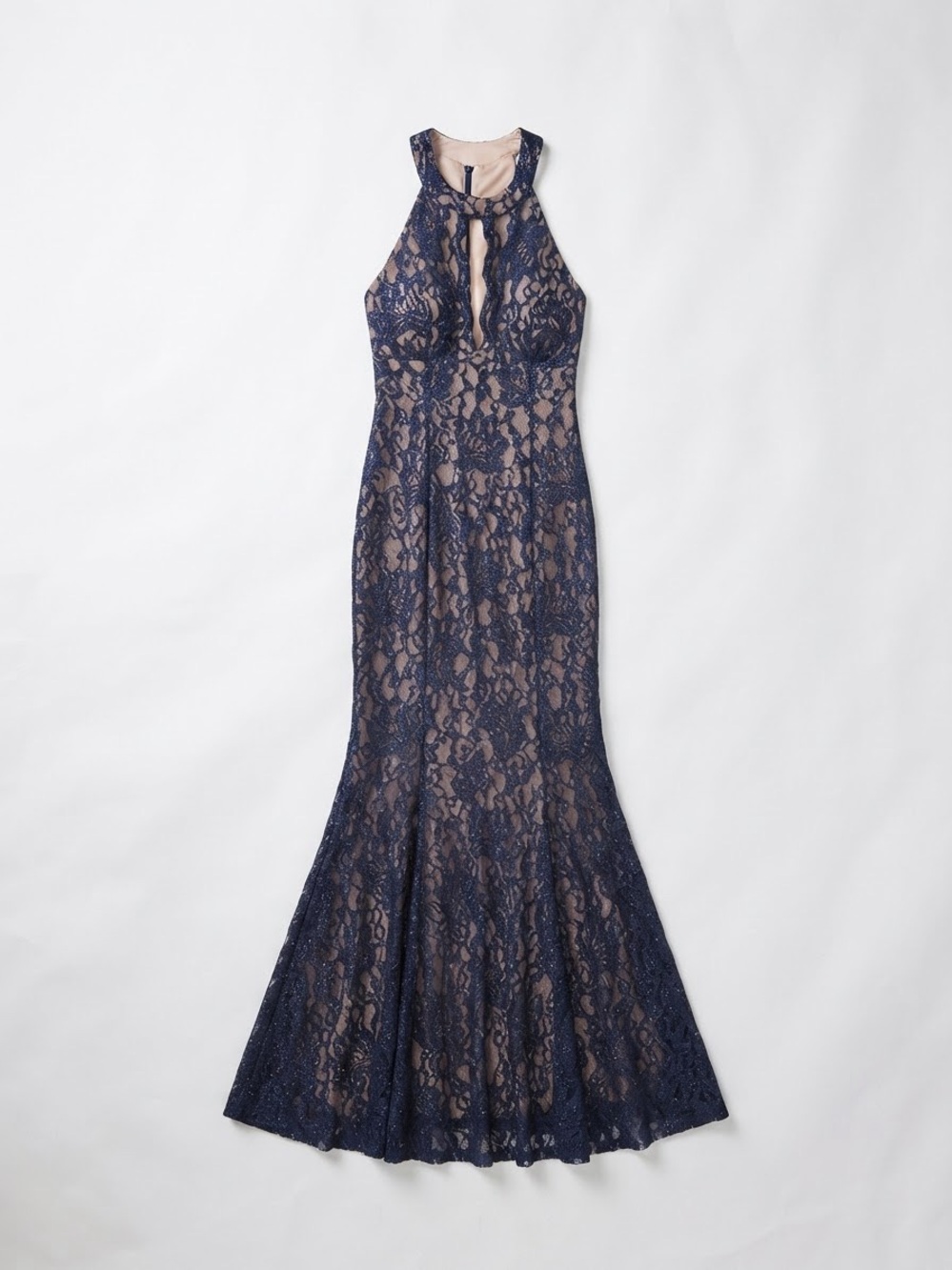 Night Way Collections Navy Lace Halter Gown with Nude Underlay